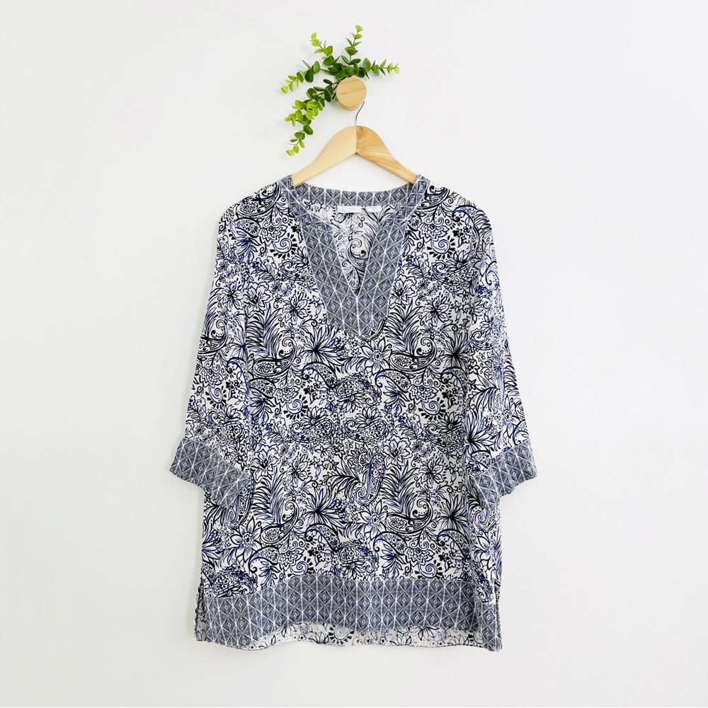 Sigrid Olsen White Blue Lagenlook 100% Linen Blouse
